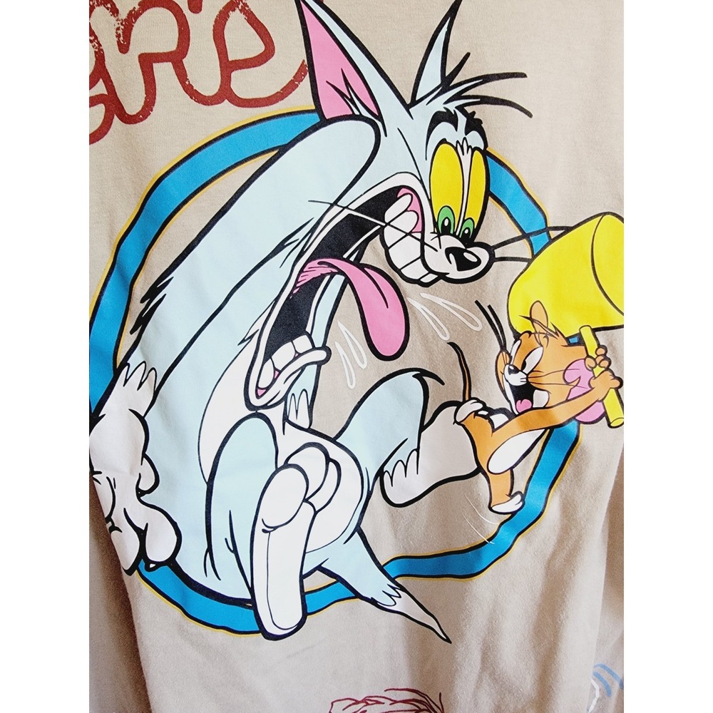 Tom and Jerry Mens 2XL Beige Long Sleeve Graphic T-Shirt Cartoon Graffiti - Picture 4 of 10